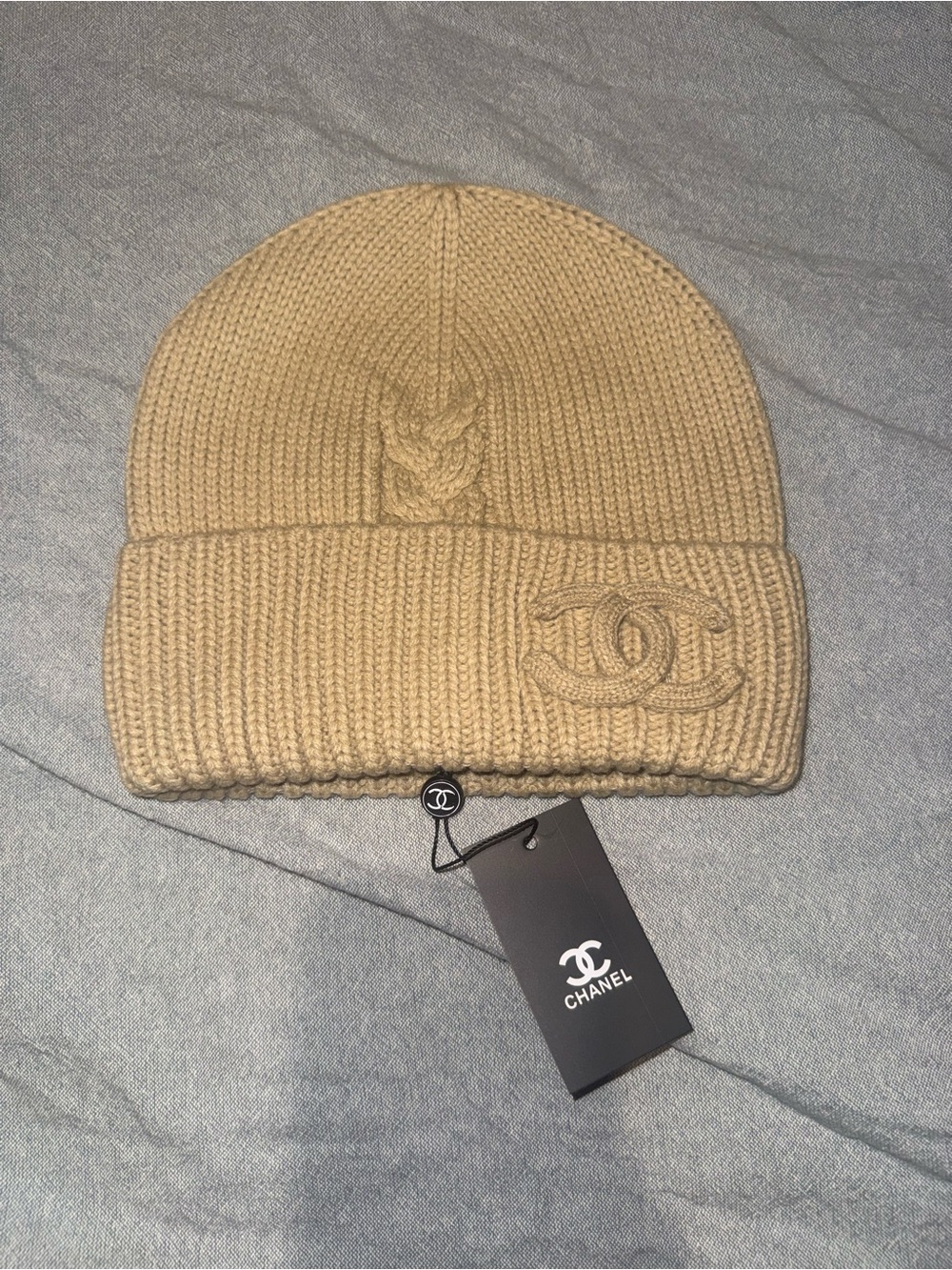 CHANEL Camel Knit Beanie with Embroidered CC
